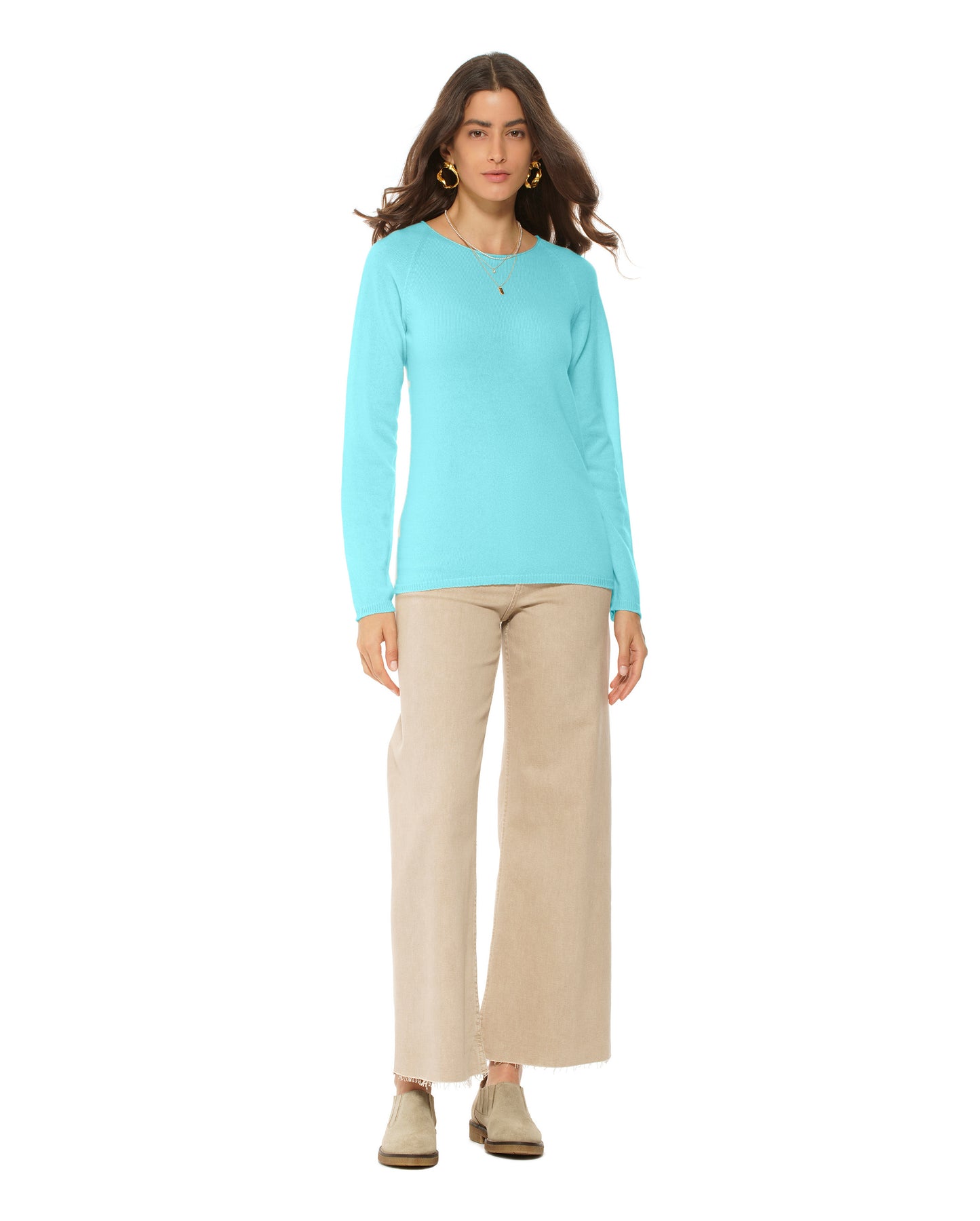 Women's Ultralight Cashmere Raglan Crew Neck Sweater Cyan