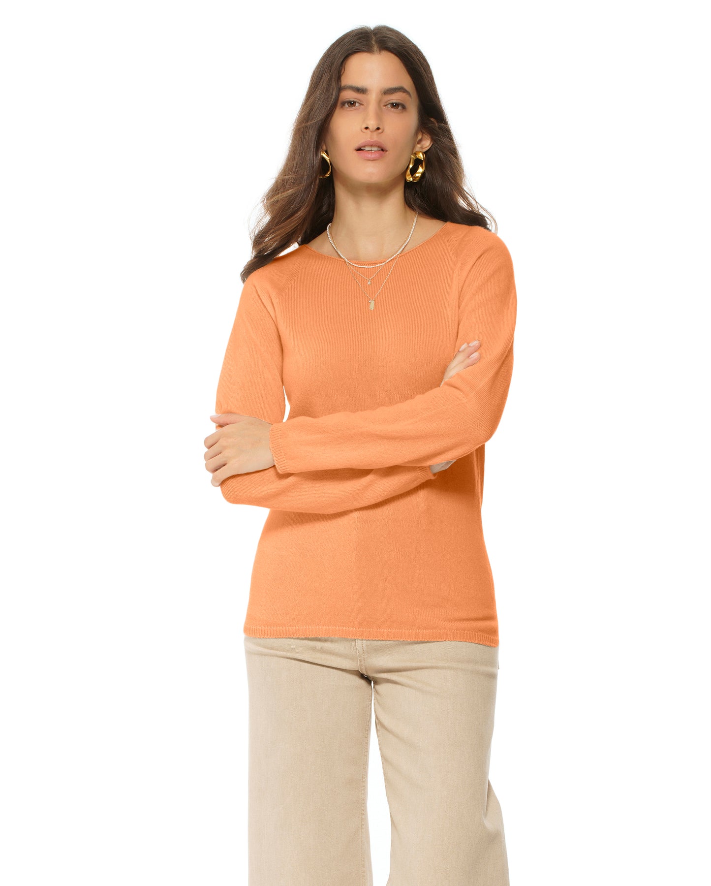 Monticelli Women's Ultralight Cashmere Raglan Crew Neck Sweater Orange Made In Italy 1