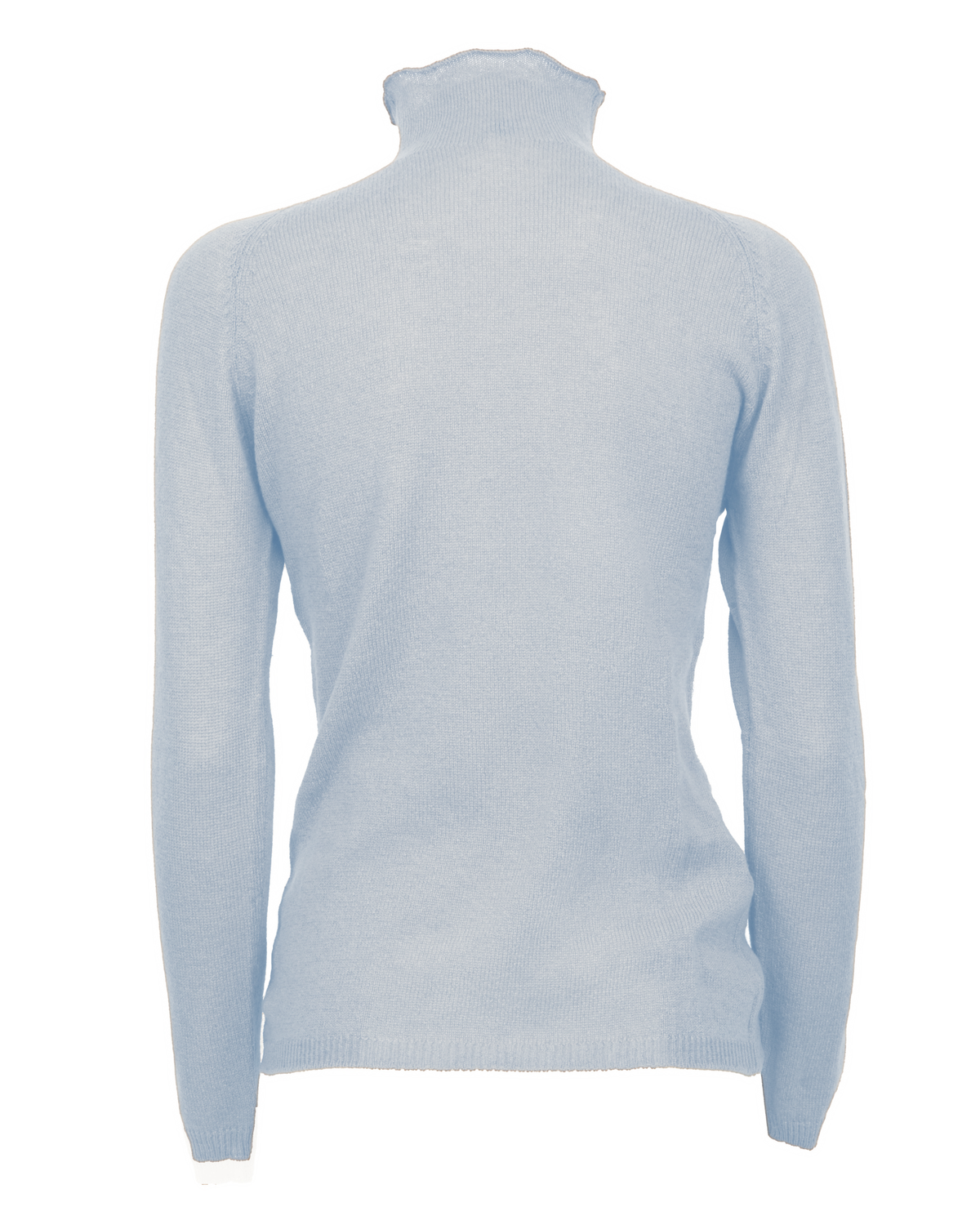 Women's ultralight cashmere raglan turtleneck in Baby Blue, back product view