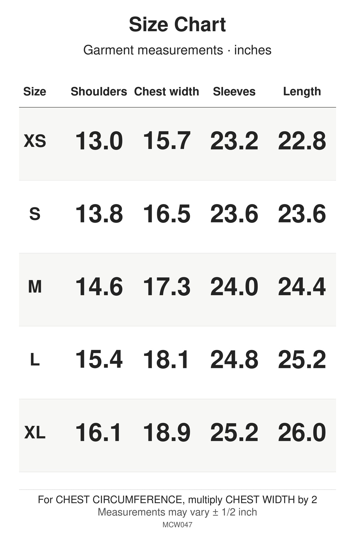 MCW047 size chart: garment measurements for XS, S, M, L, XL, in inches.