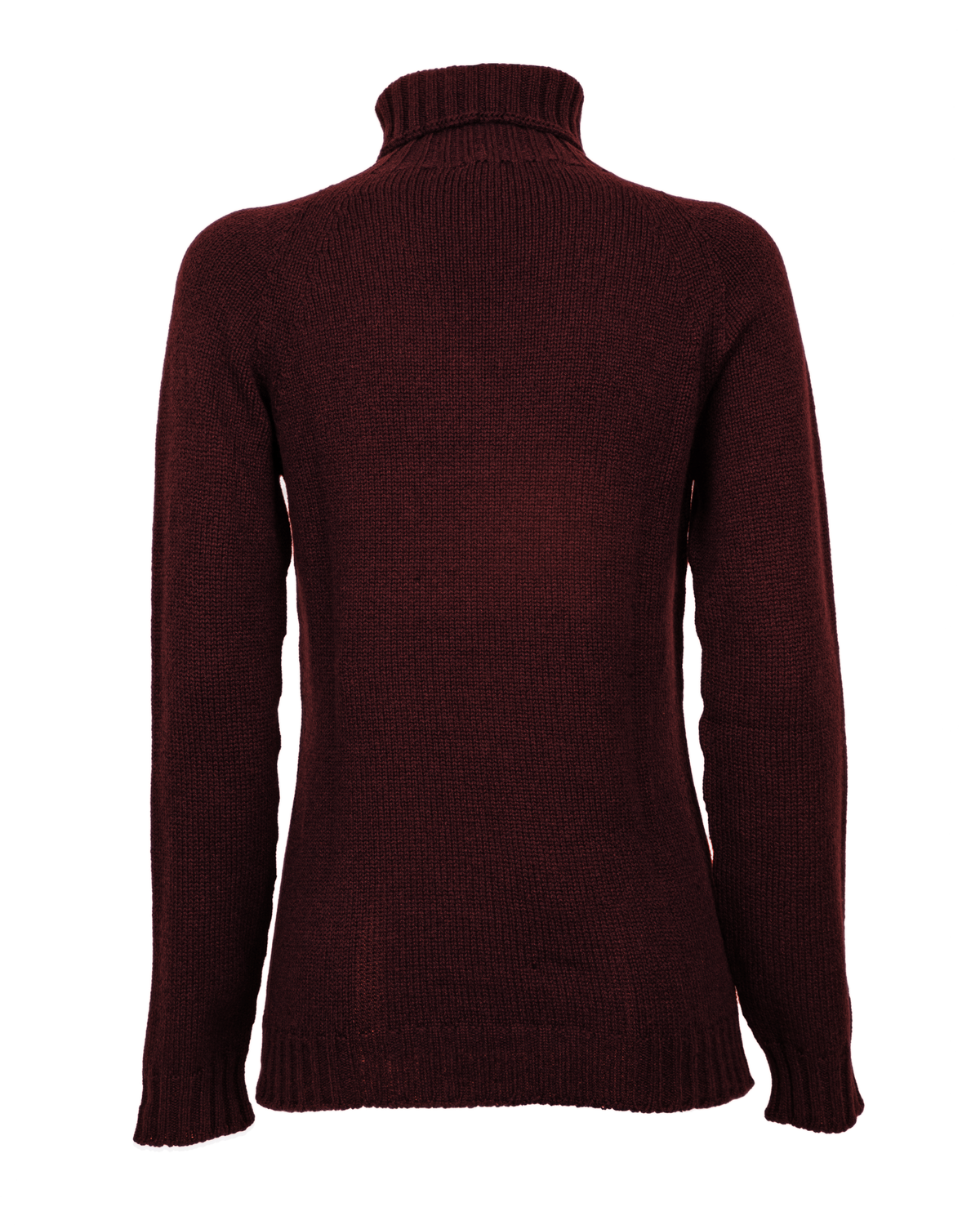 Women's cashmere raglan sleeve turtleneck sweater in Bordeaux, back product view