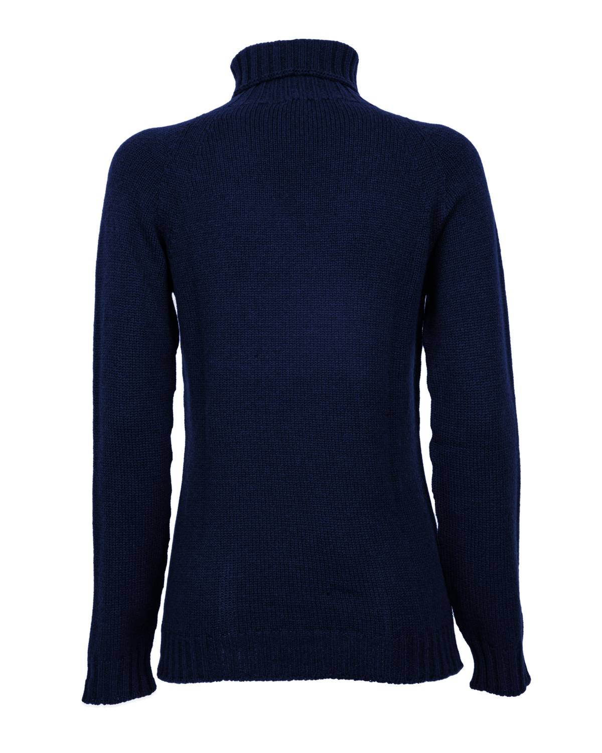 Women's cashmere raglan sleeve turtleneck sweater in Blue, back product view