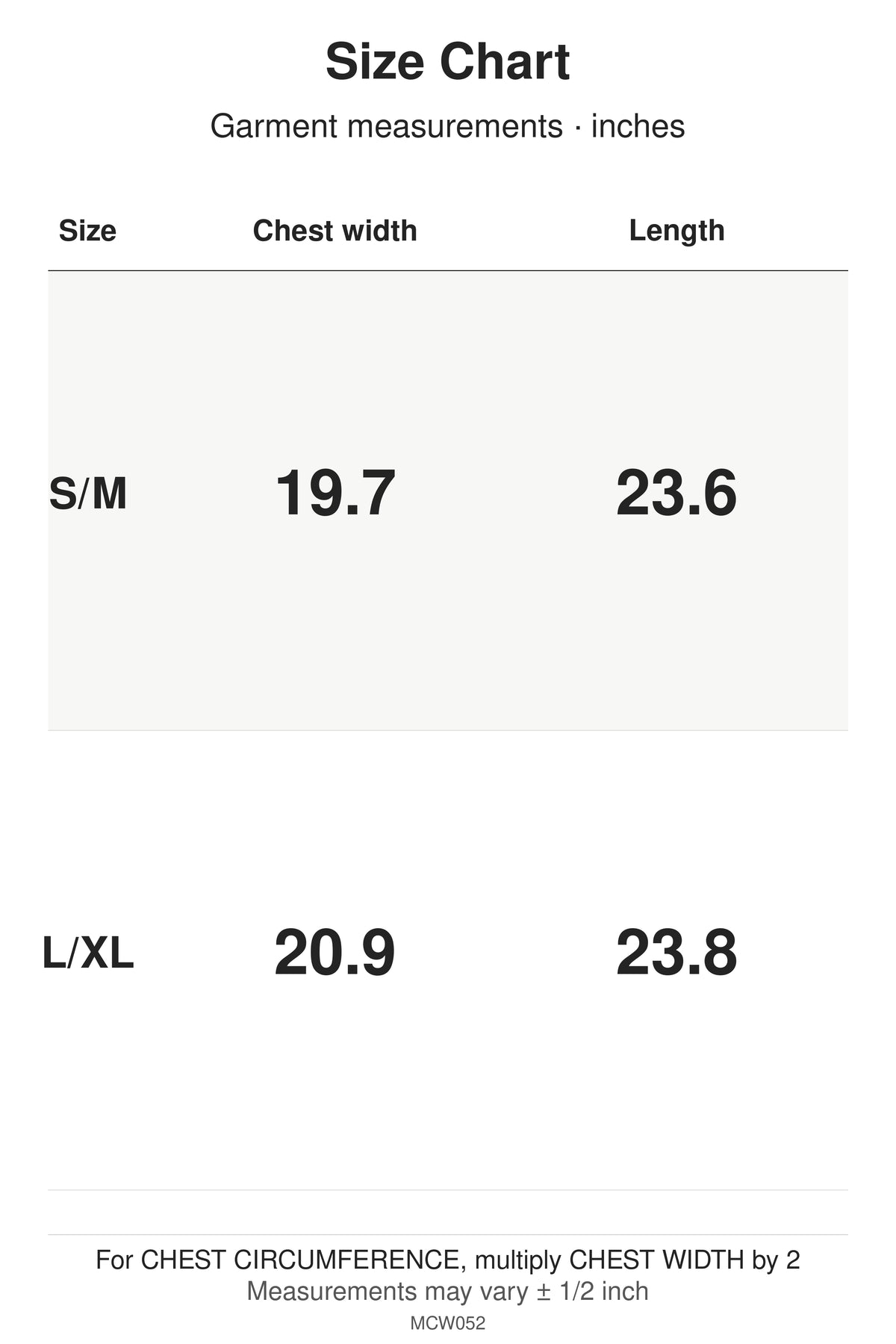 MCW052 size chart: garment measurements for S/M, L/XL, in inches.
