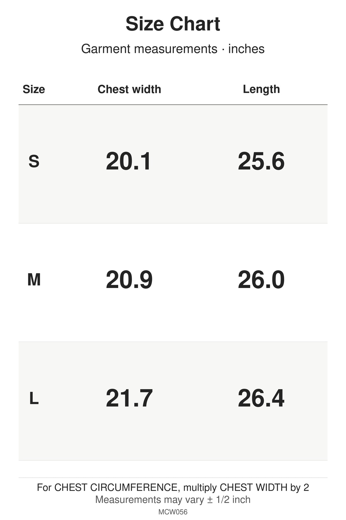 MCW056 size chart: garment measurements for S, M, L, in inches.