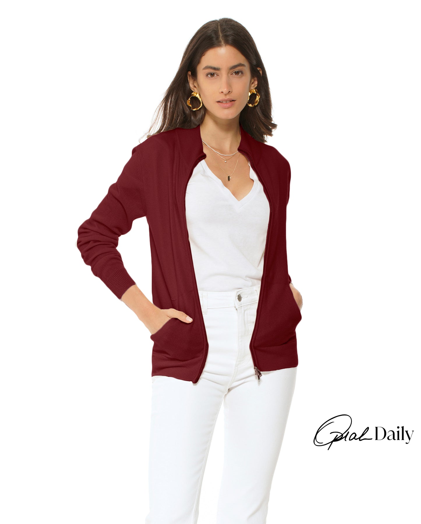 Oprah Daily - Women's Cashmere Zip Cardigan Bordeaux