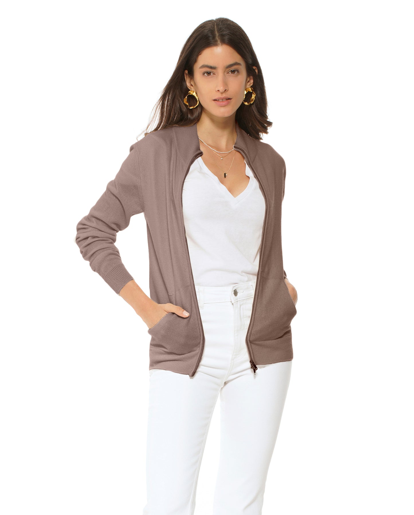 Oprah Daily - Women's Cashmere Zip Cardigan Brown