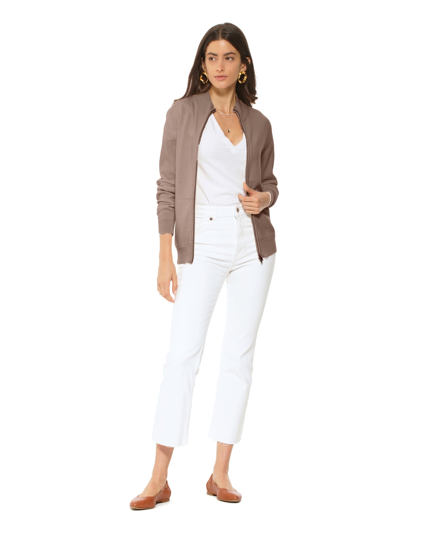 Oprah Daily - Women's Cashmere Zip Cardigan Brown