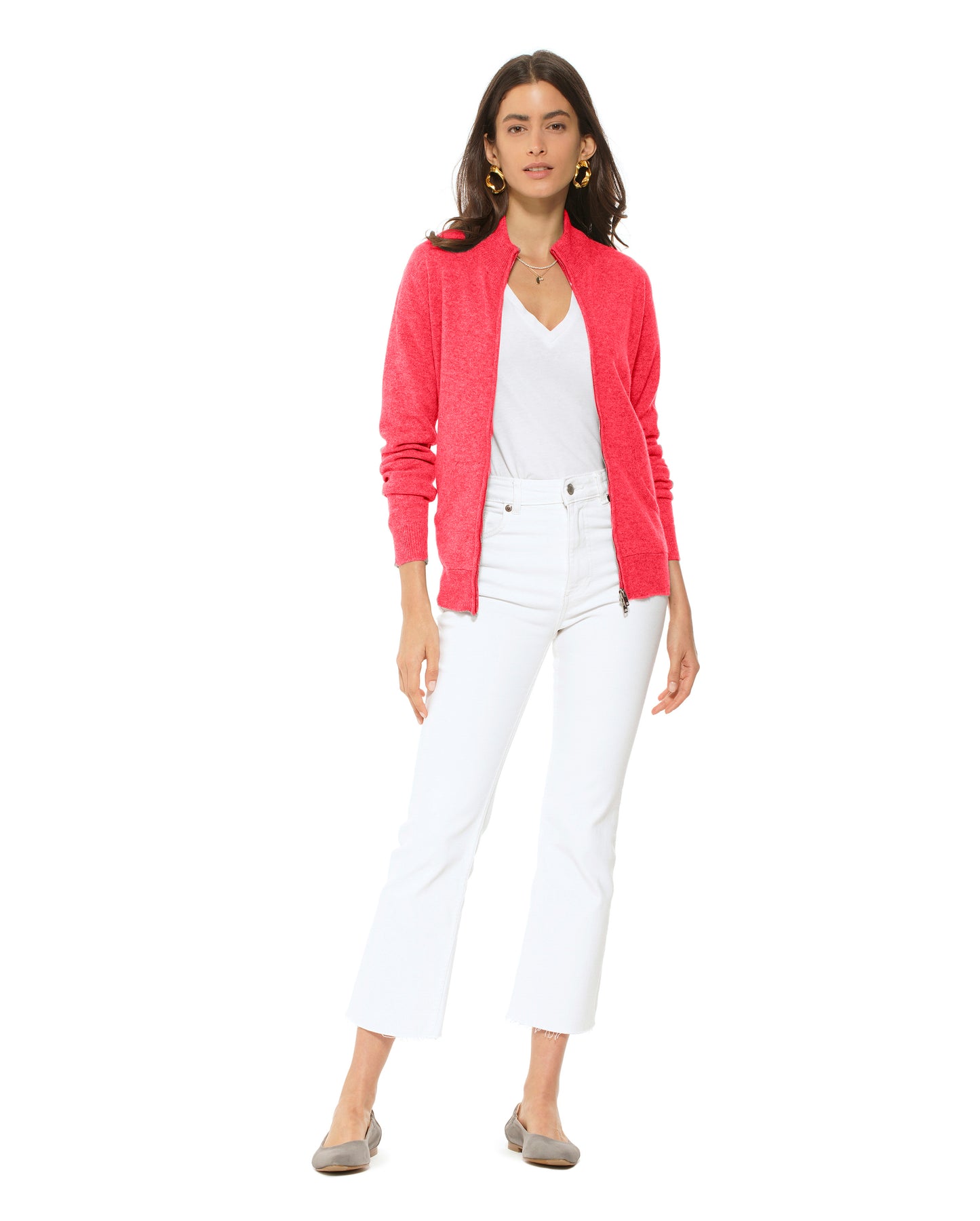 Oprah Daily - Women's Cashmere Zip Cardigan Coral Red