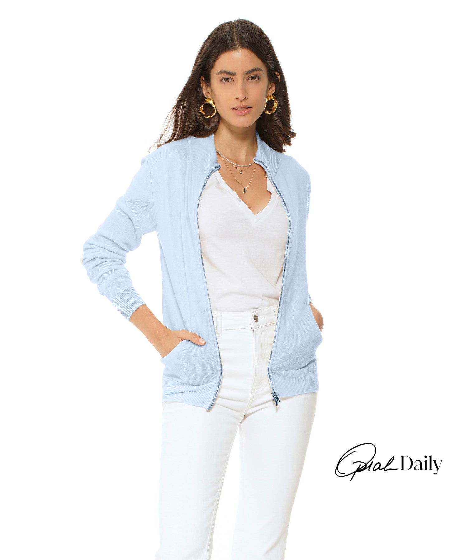 Oprah Daily - Women's Cashmere Zip Cardigan Pastel Blue