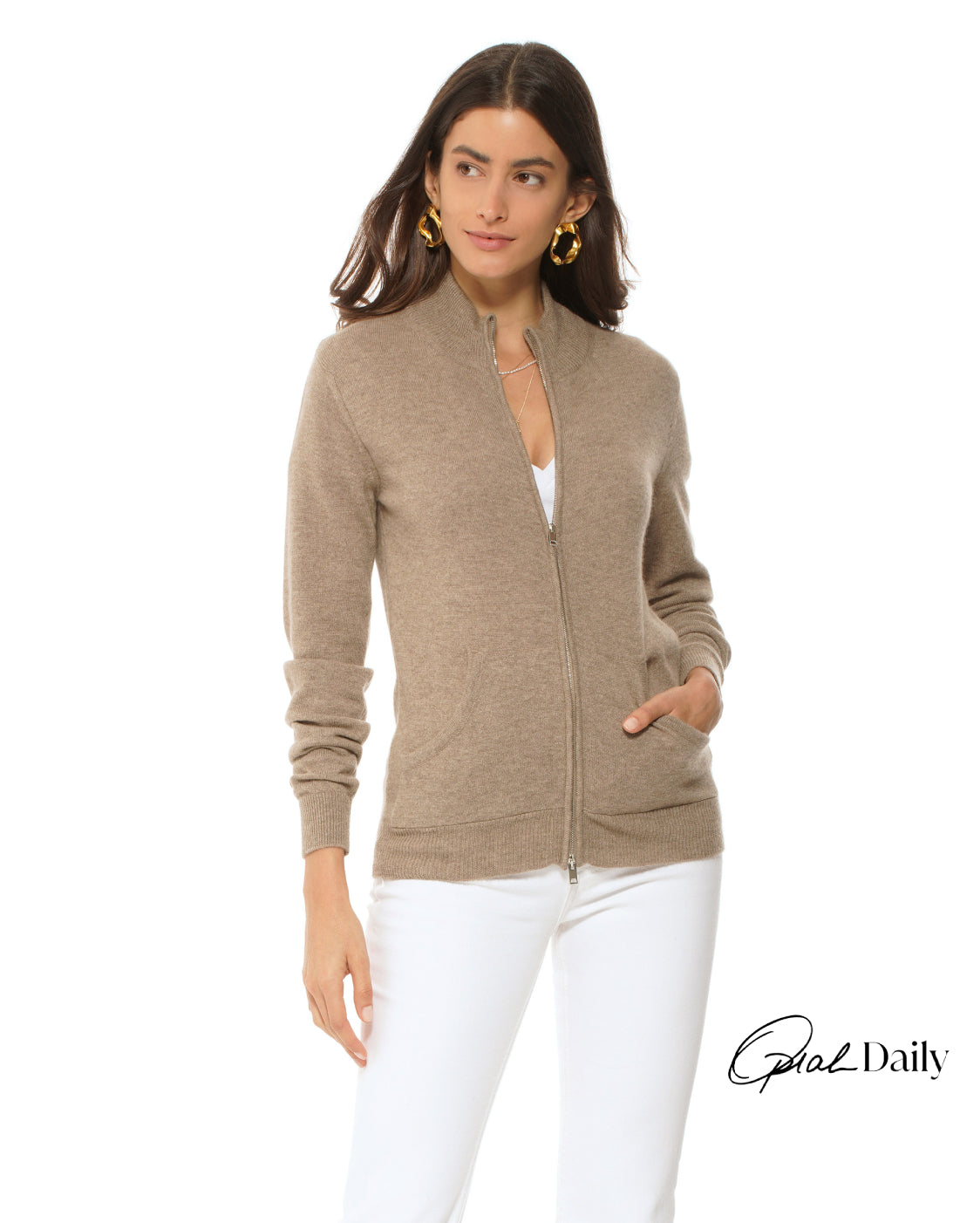 Oprah Daily Women's Pure Cashmere Zip Cardigan Taupe