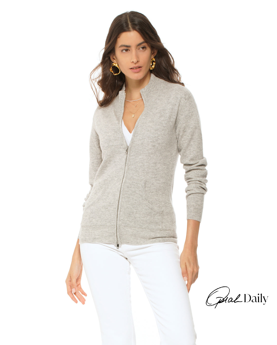 Monticelli Women's Cashmere Zip Cardigan Light Grey Made In Italy 1