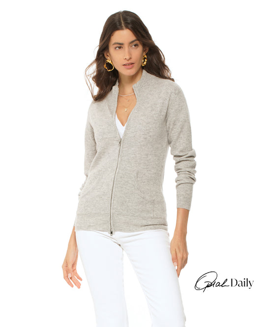 Monticelli Women's Cashmere Zip Cardigan Light Grey Made In Italy 1