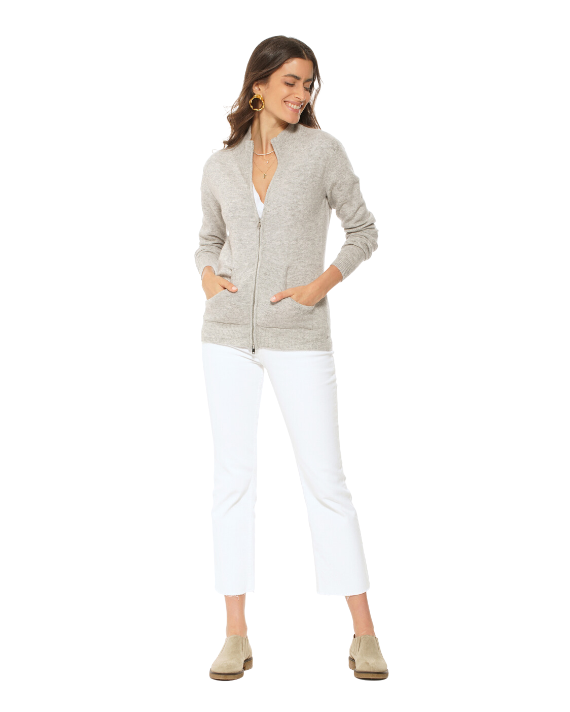 Monticelli Women's Cashmere Zip Cardigan Light Grey Made In Italy 2