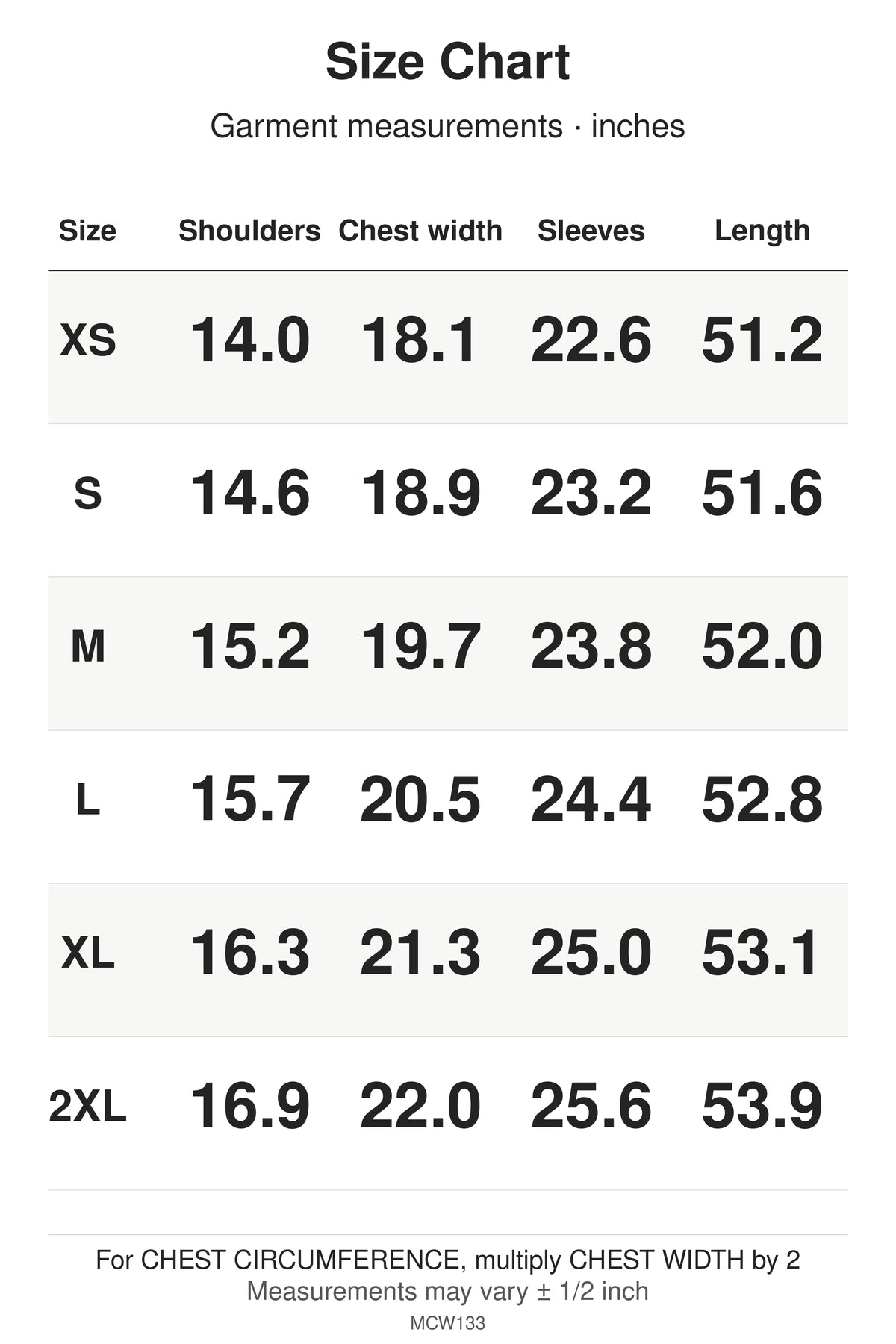 MCW133 size chart: garment measurements for XS, S, M, L, XL, 2XL, in inches.