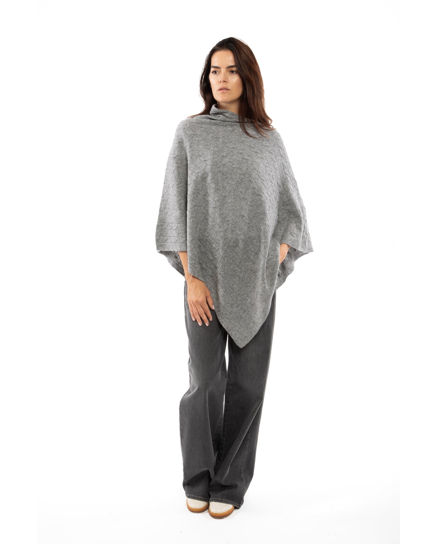 Monticelli Pure Cashmere Cable Knit Poncho Melange Gray Made In Italy 3