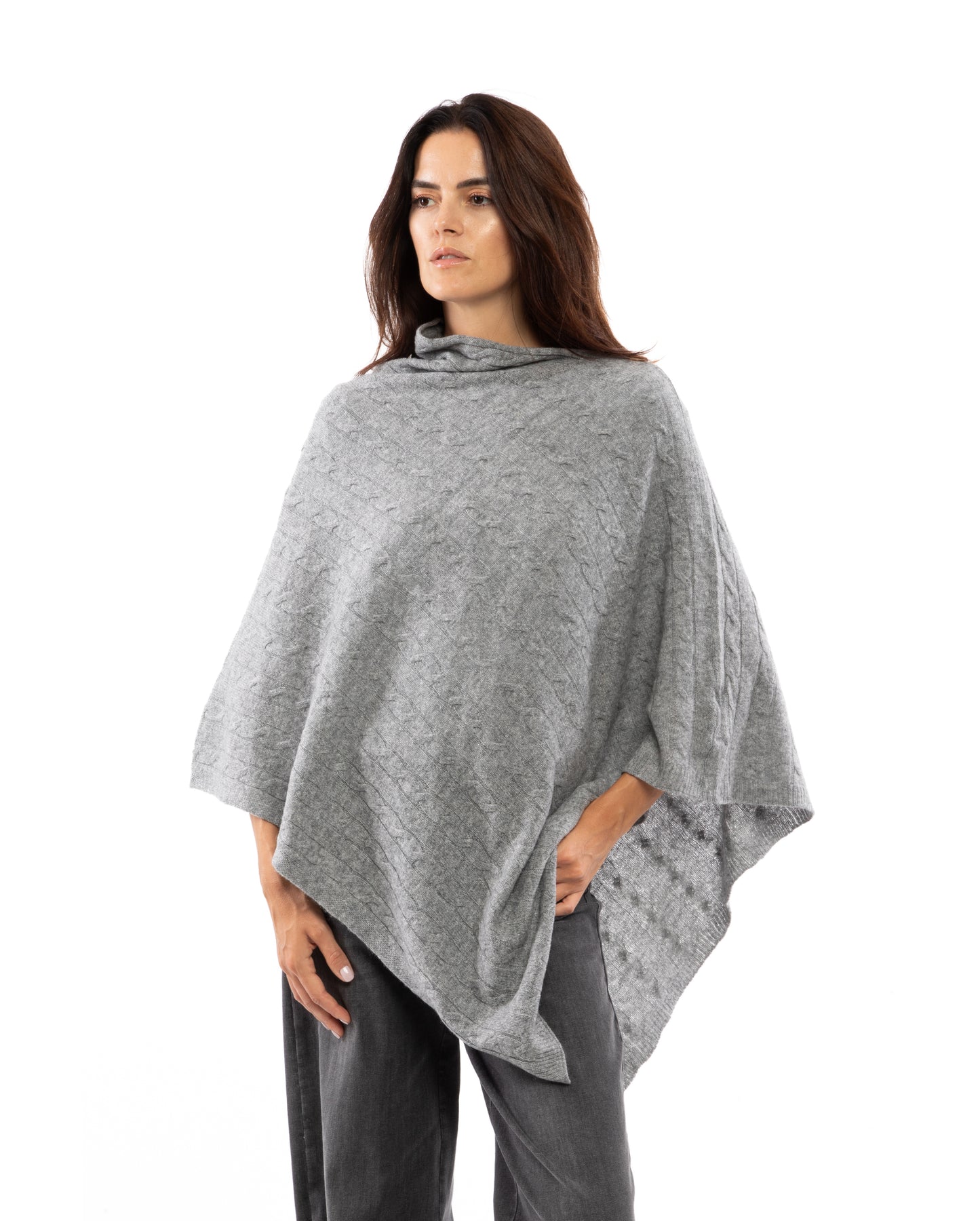 Monticelli Pure Cashmere Cable Knit Poncho Melange Gray Made In Italy 1