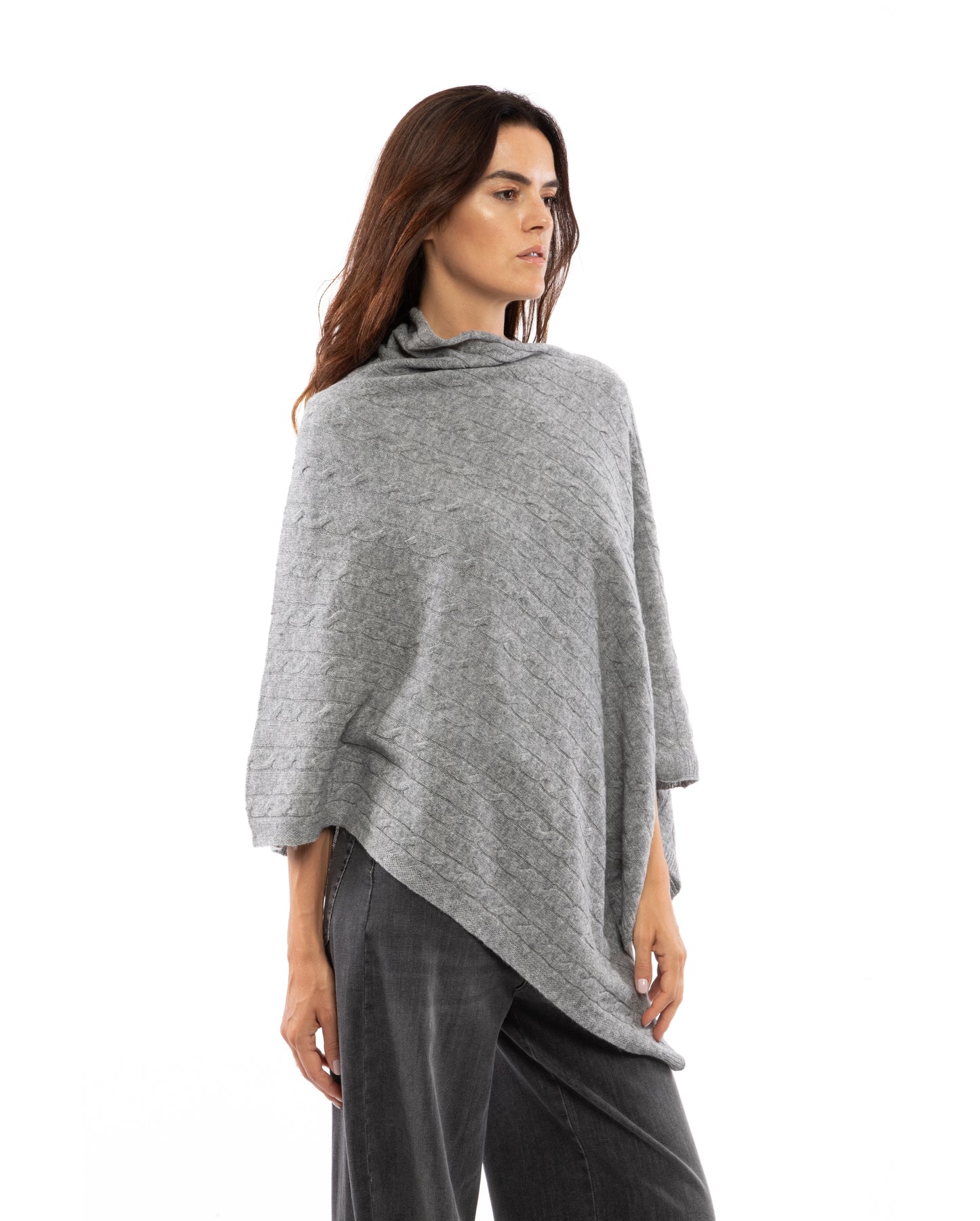 Monticelli Pure Cashmere Cable Knit Poncho Melange Gray Made In Italy 4