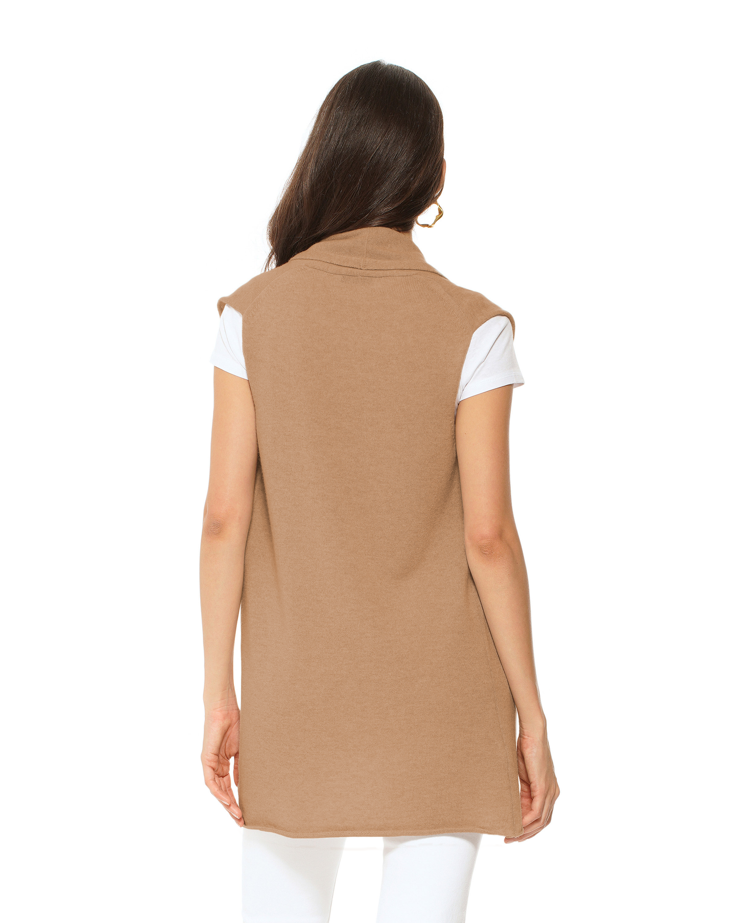 Women's Pure Cashmere Sleeveless Long Open Front Cardigan Camel