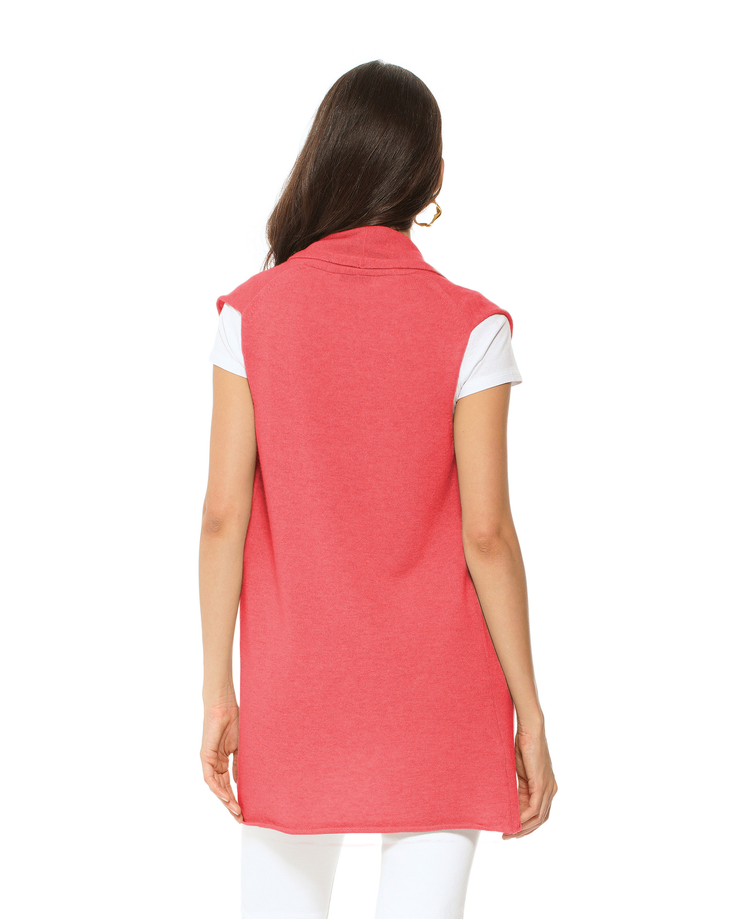 Women's Pure Cashmere Sleeveless Long Open Front Cardigan Coral Red