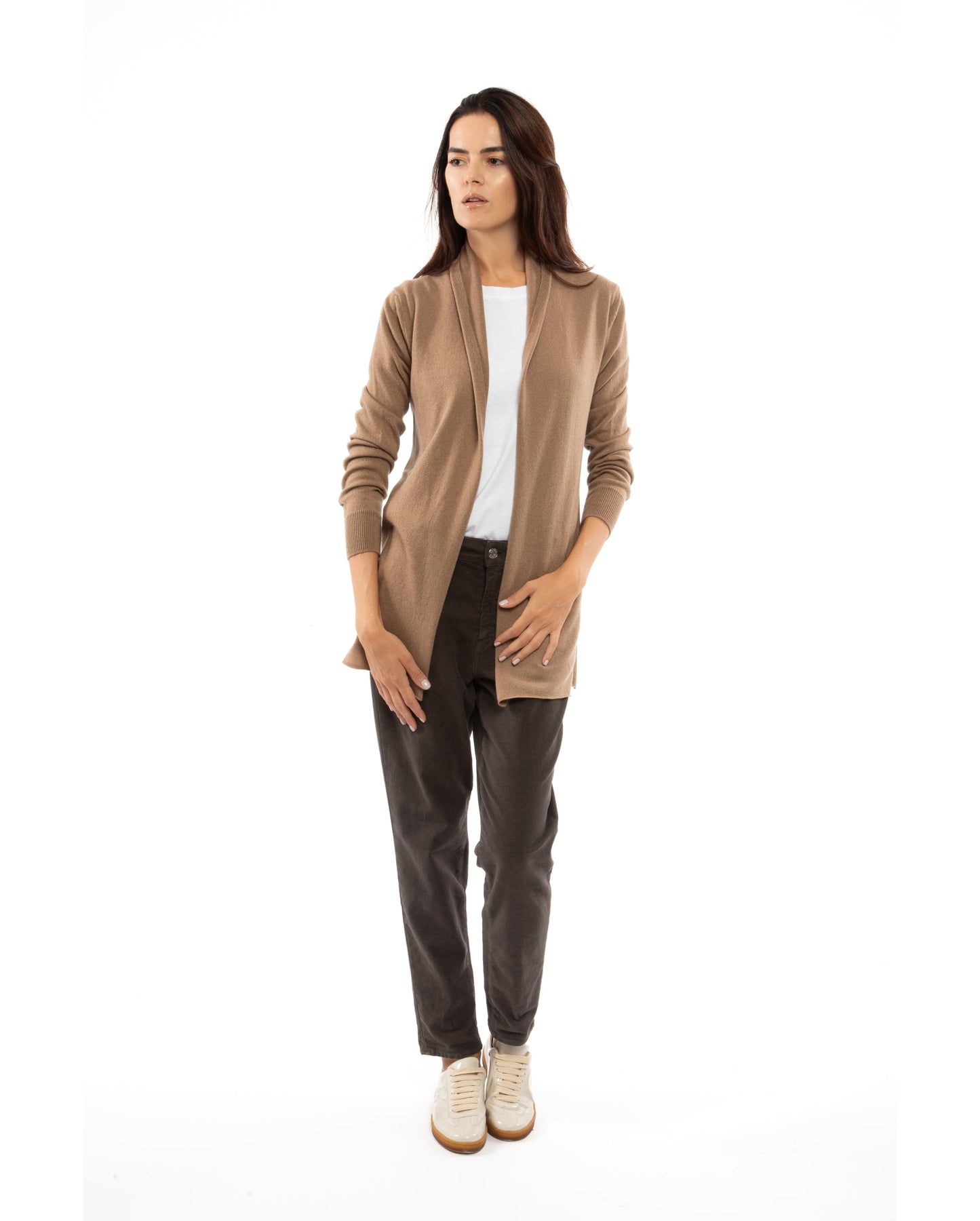 Monticelli Pure Cashmere Open Front Cardigan Camel Made In Italy 3