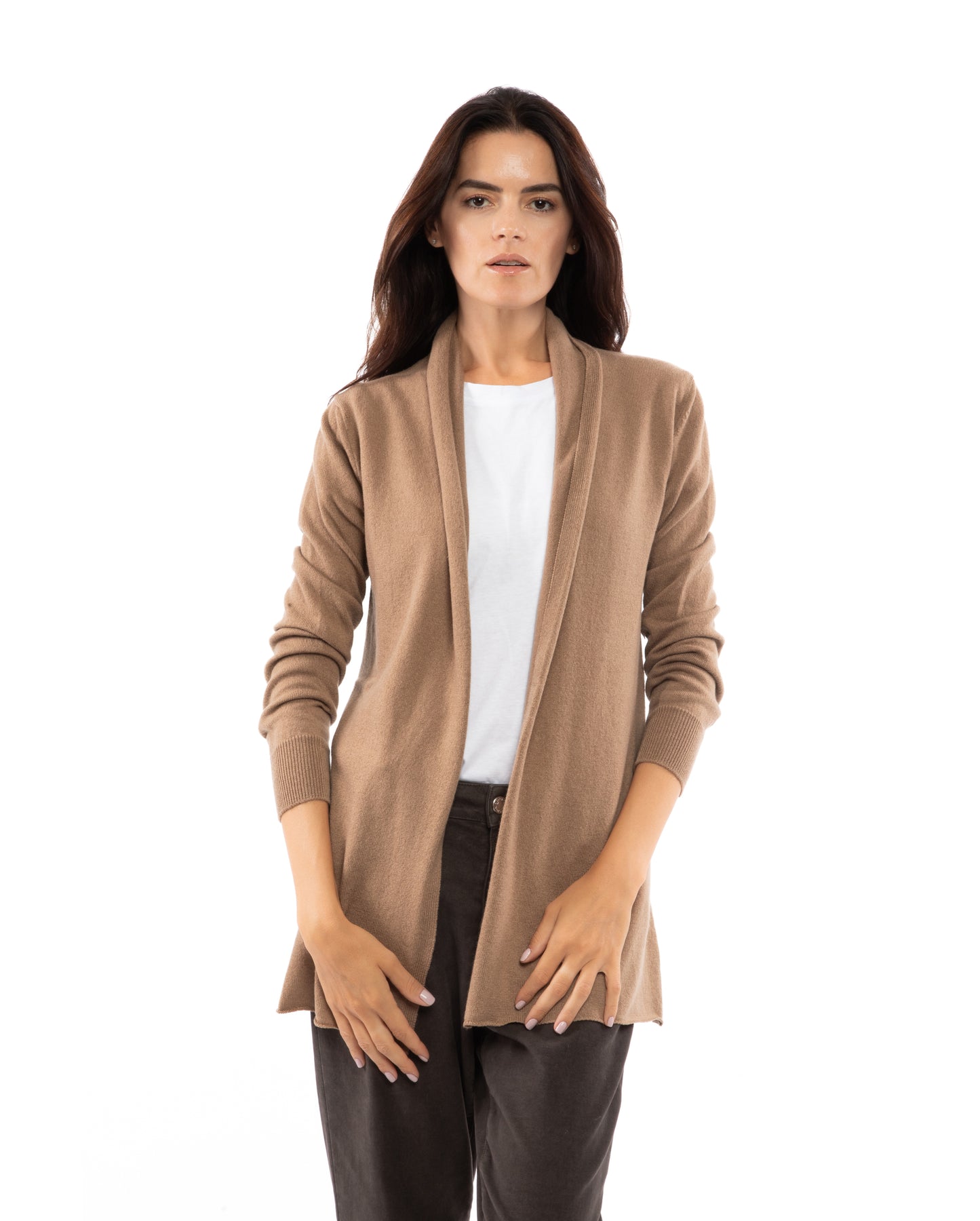 Monticelli Pure Cashmere Open Front Cardigan Camel Made In Italy 1