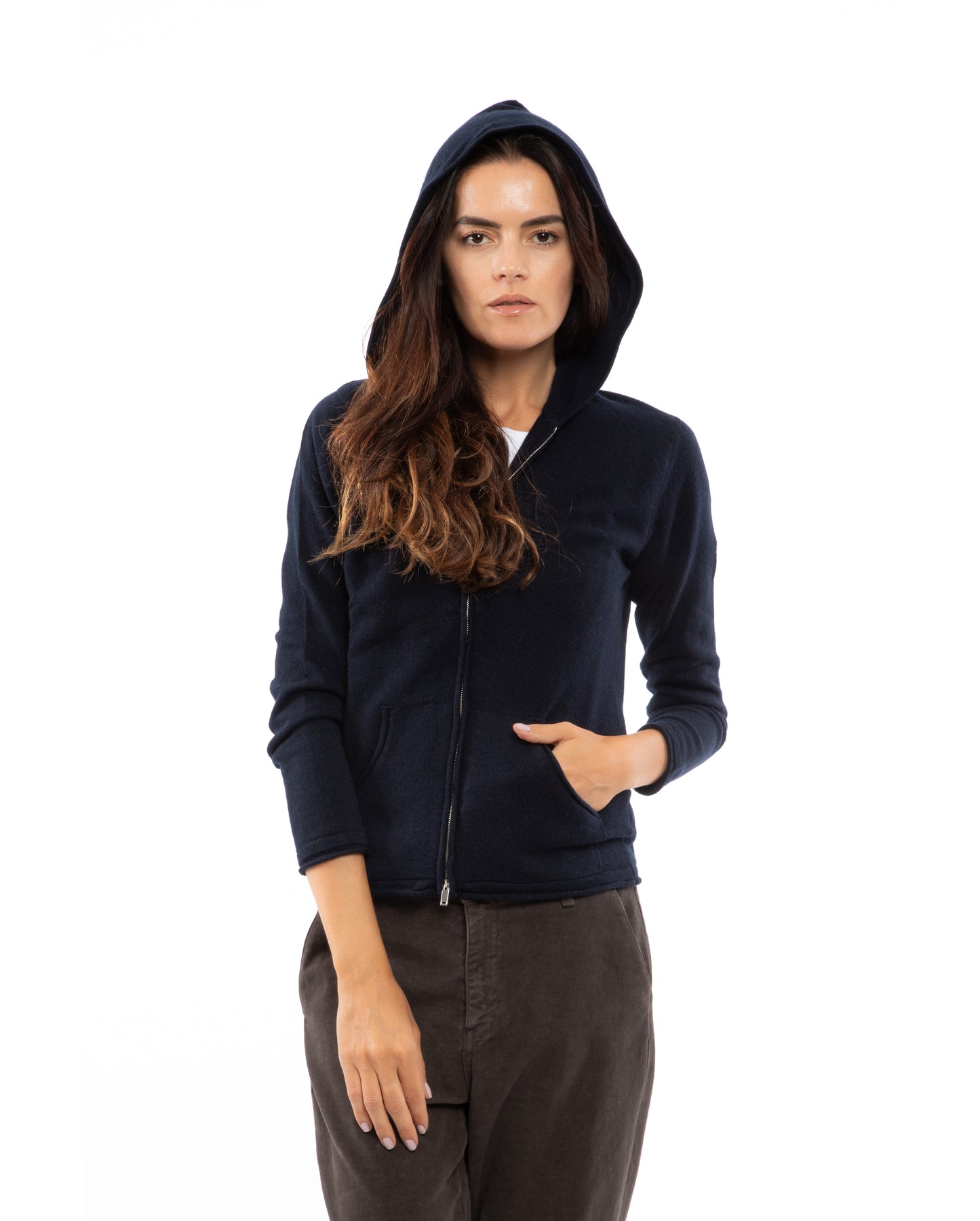 Monticelli Women's Pure Cashmere Hoodie Sweater Night Blue Made In Italy 1
