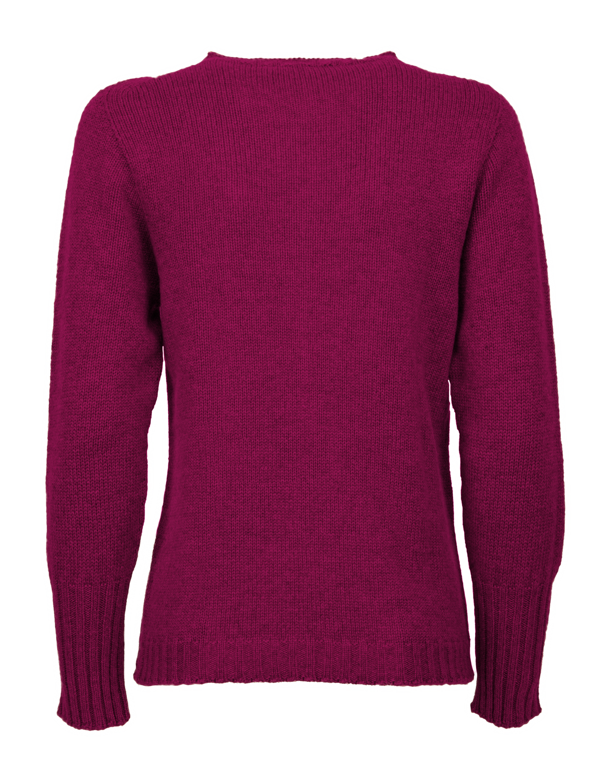 Back view of the magenta cashmere crewneck sweater