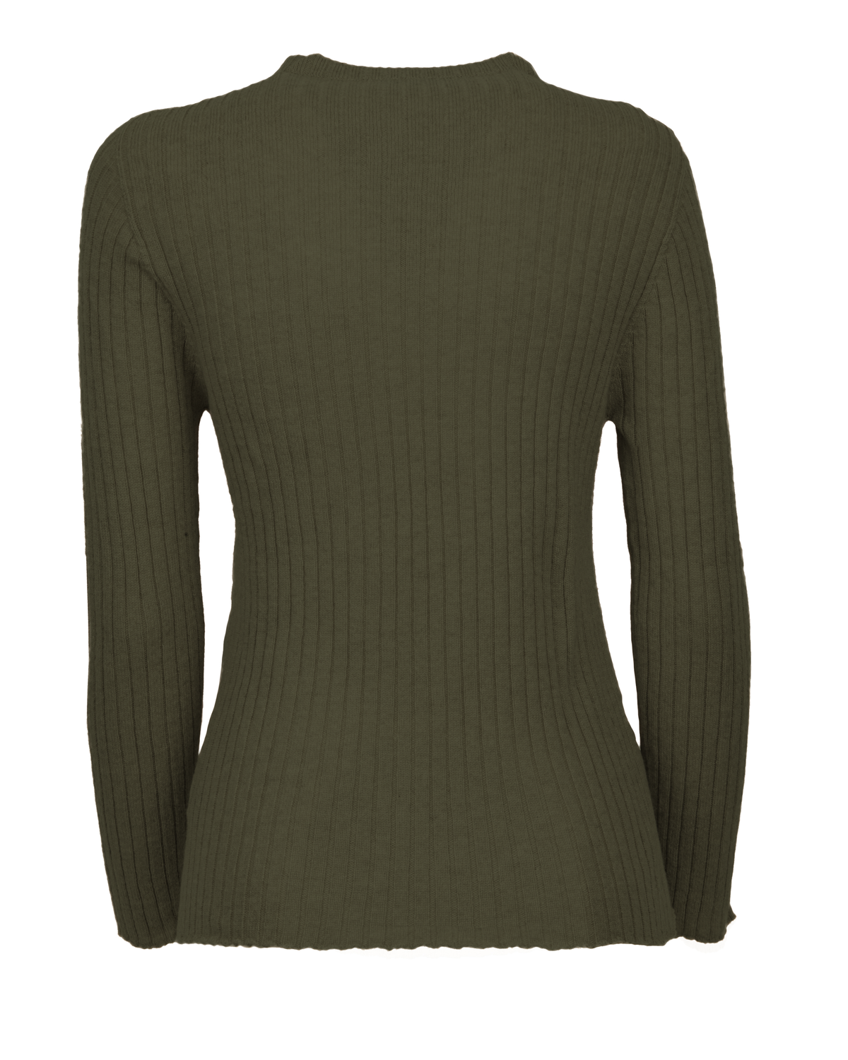 Olive green cashmere vertical rib crew-neck sweater, back view laid flat