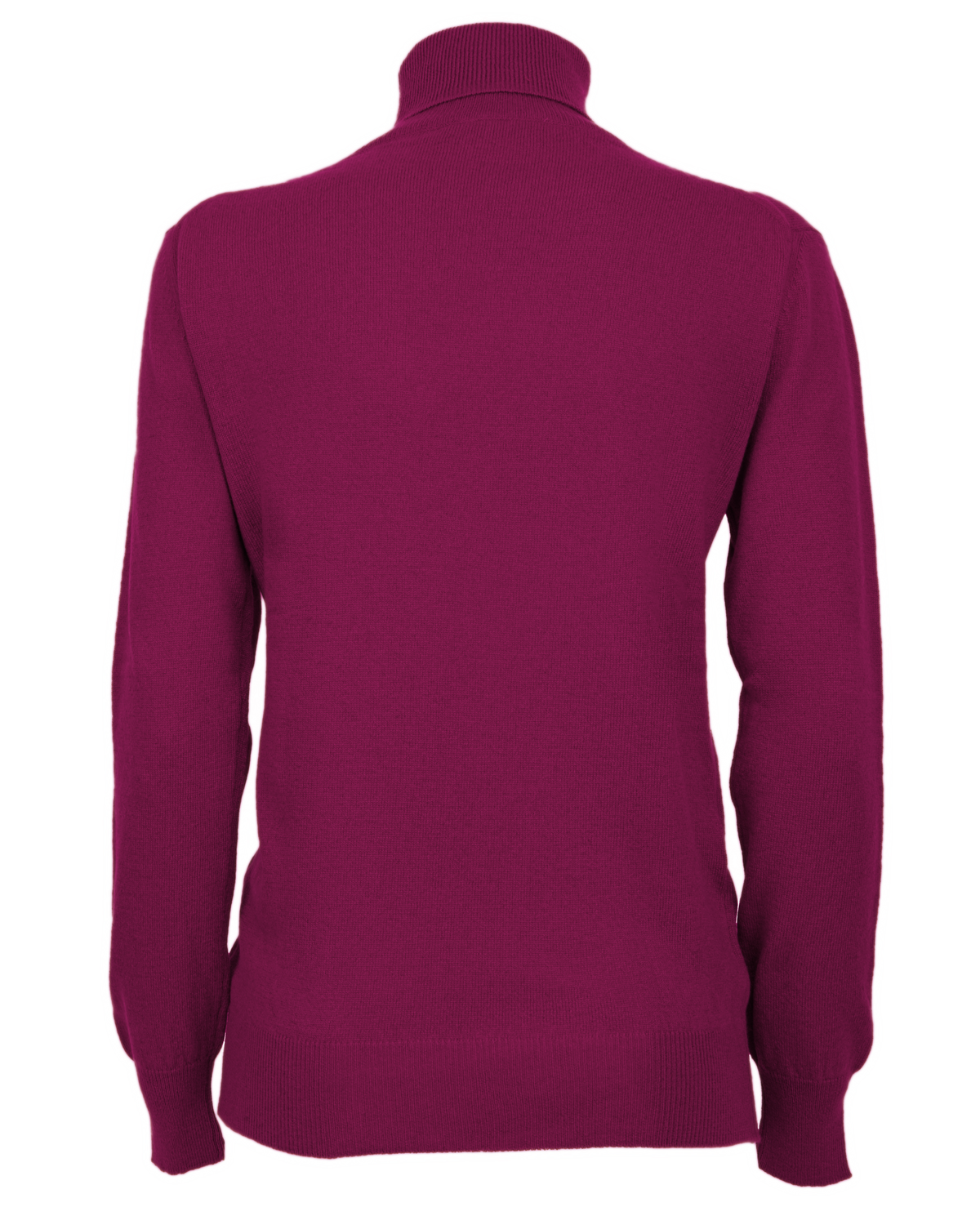 Women's cashmere turtleneck sweater in Magenta, back garment view showing the ribbed hem and cuffs