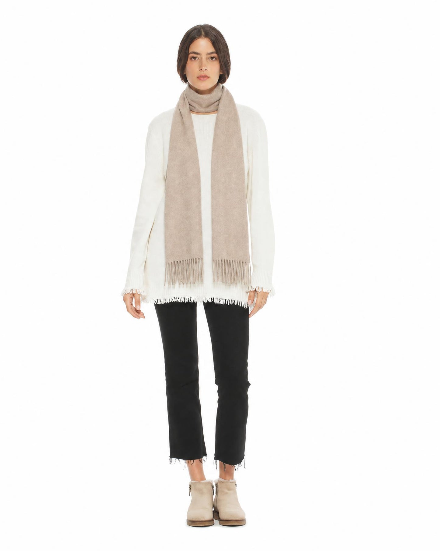 Essential Pure Cashmere Woven Scarf With Fringes Beige