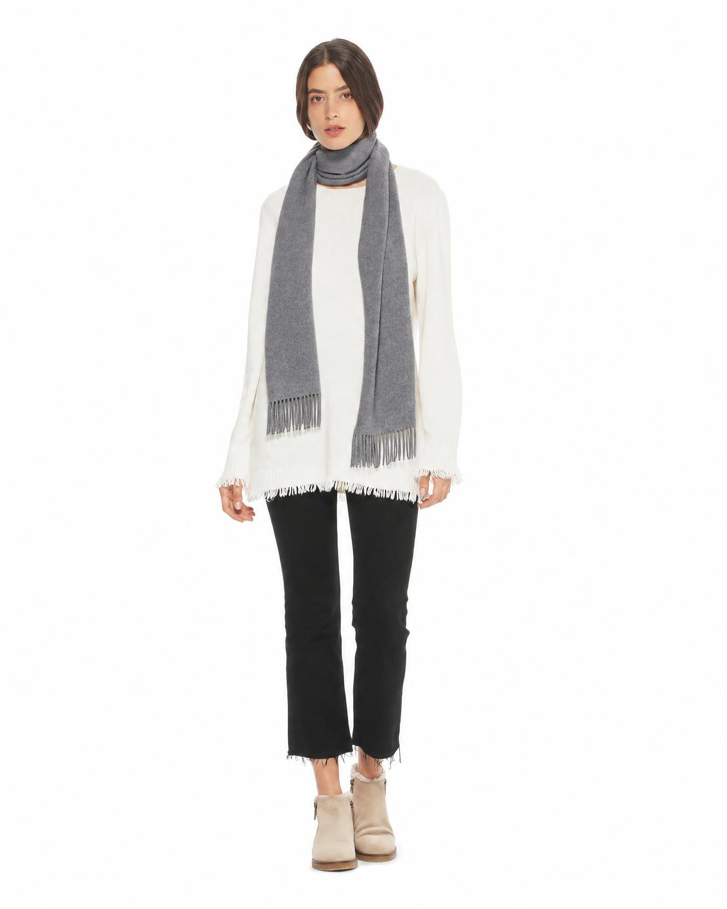 Essential Pure Cashmere Woven Scarf With Fringes Grey