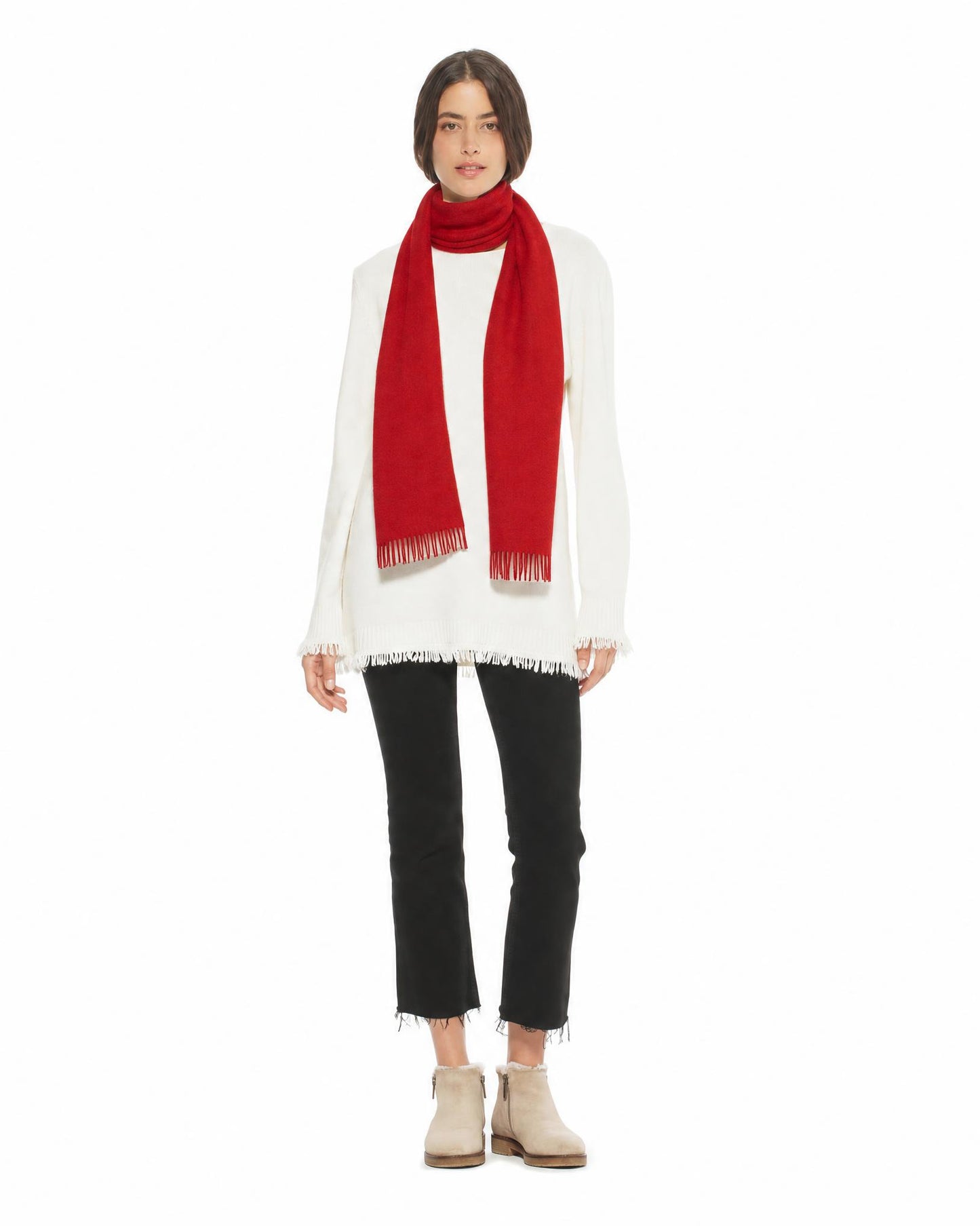 Essential Pure Cashmere Woven Scarf With Fringes Red