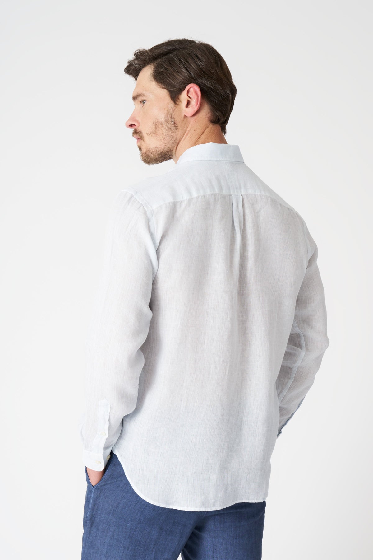 Men's Italian Collar Regular Fit Linen Shirt with Pocket – Sea Soft Fade, view 4