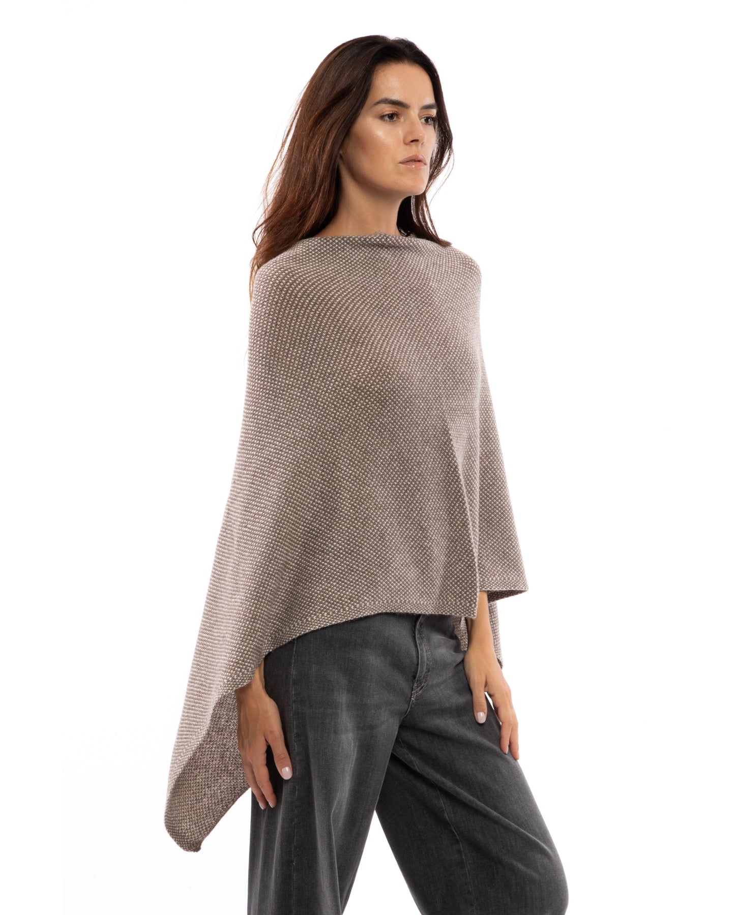 Asymetric Poncho Cashmere Tow Color Light Brown Made In Italy 6
