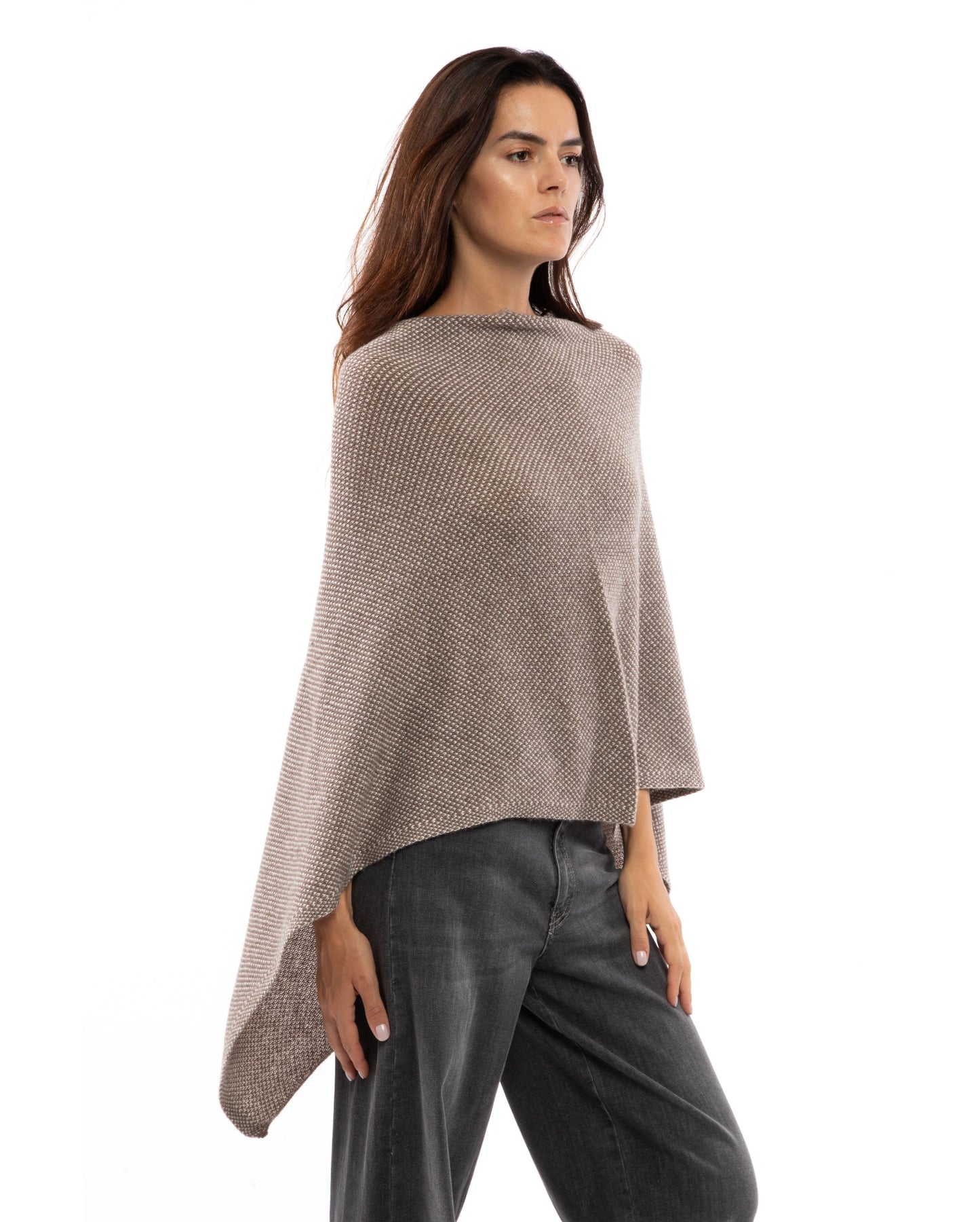 Asymetric Poncho Cashmere Tow Color Light Brown Made In Italy 4