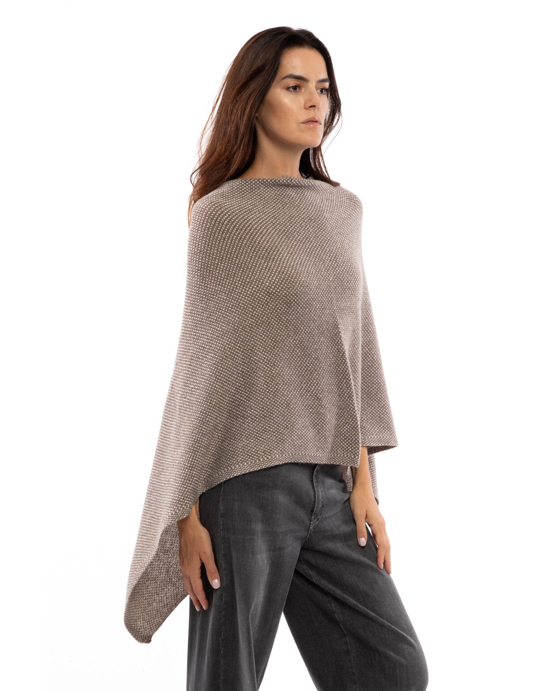 Asymetric Poncho Cashmere Tow Color Light Brown Made In Italy 4
