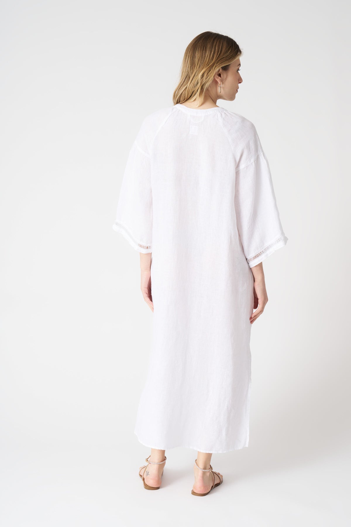 Women's Linen Kimono Dress with Belt – White, view 4