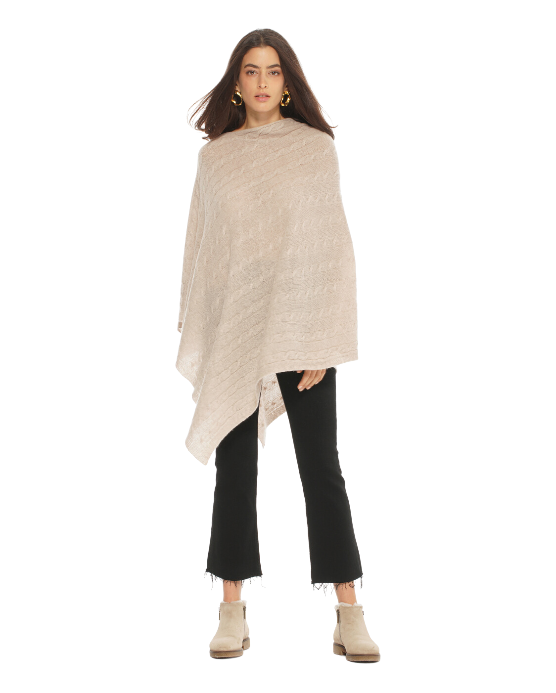 Monticelli Pure Cashmere Cable Knit Poncho Beige Made In Italy 5
