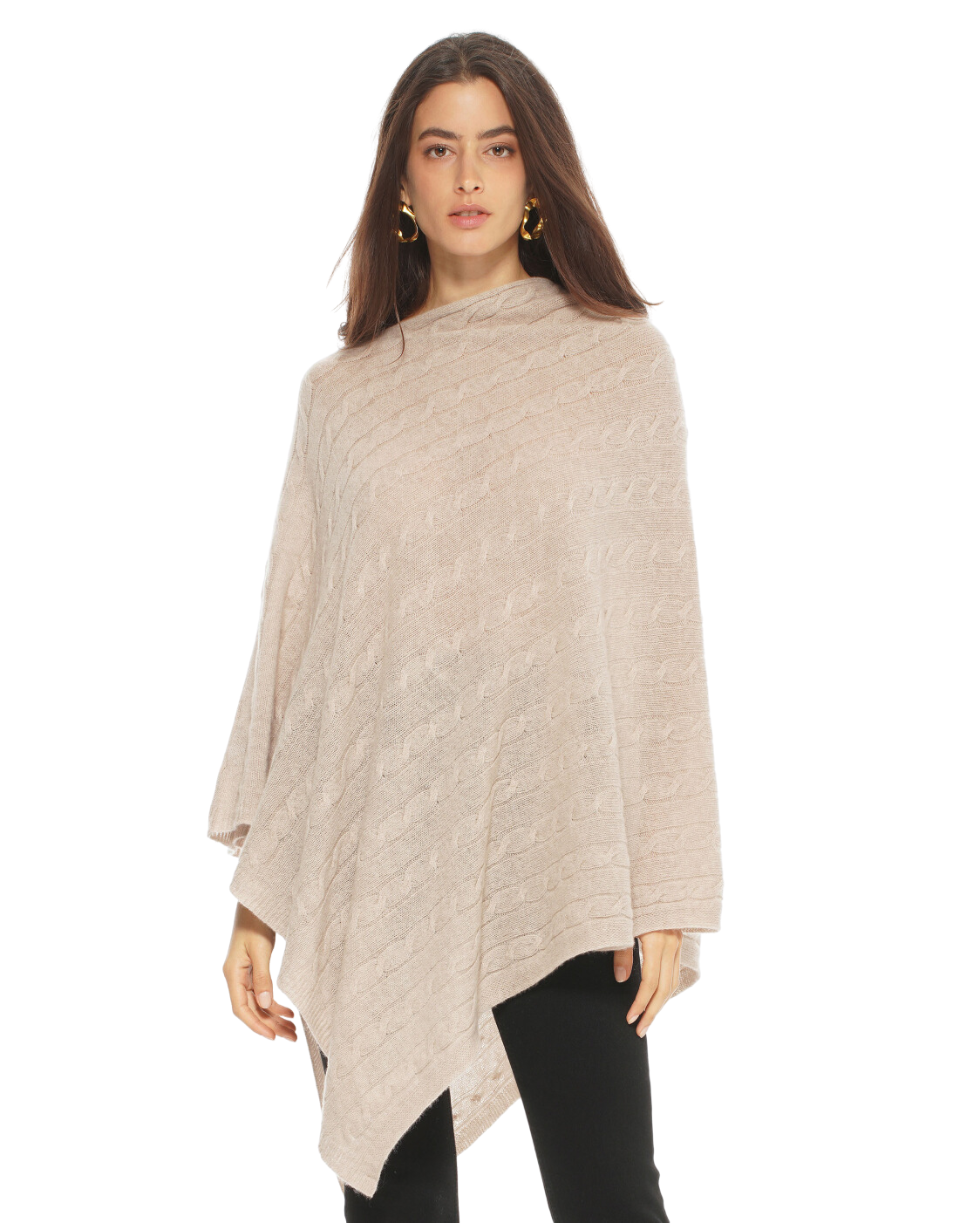Monticelli Pure Cashmere Cable Knit Poncho Beige Made In Italy 2