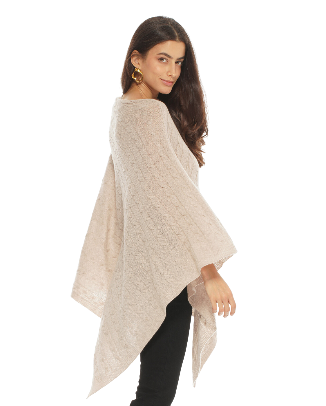Monticelli Pure Cashmere Cable Knit Poncho Beige Made In Italy 3