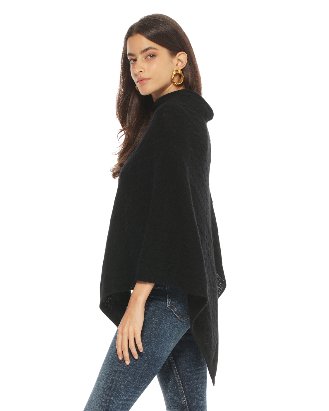 Monticelli Pure Cashmere Cable Knit Poncho Black Made In Italy 2