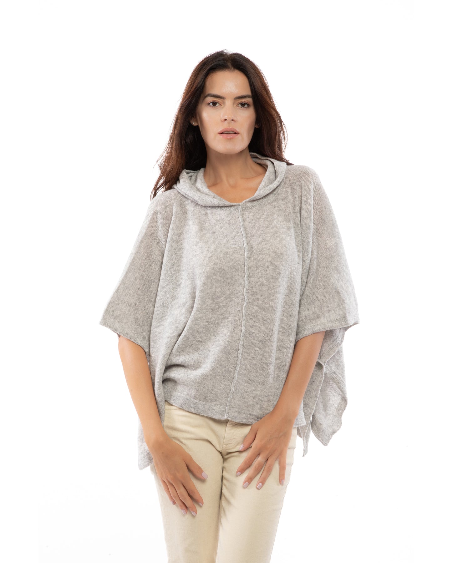 Cashmere Button Hoodie Poncho Light Gray Made In Italy 1