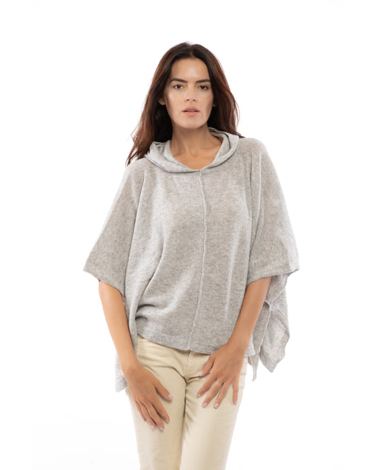 Cashmere Button Hoodie Poncho Light Gray Made In Italy 1