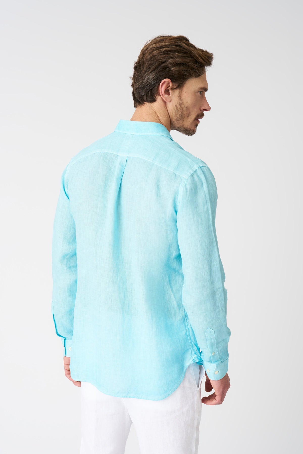 Men's Italian Collar Regular Fit Linen Shirt with Pocket – Aruba Blue Soft Fade, view 4