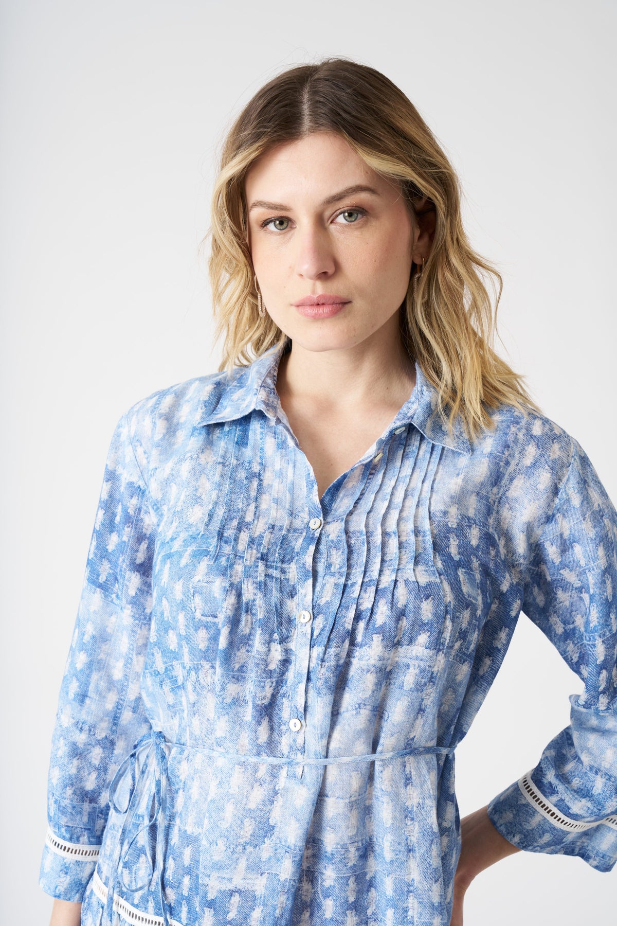Women's Linen Patchwork-Effect Dress – Washed-Blue Print, view 4