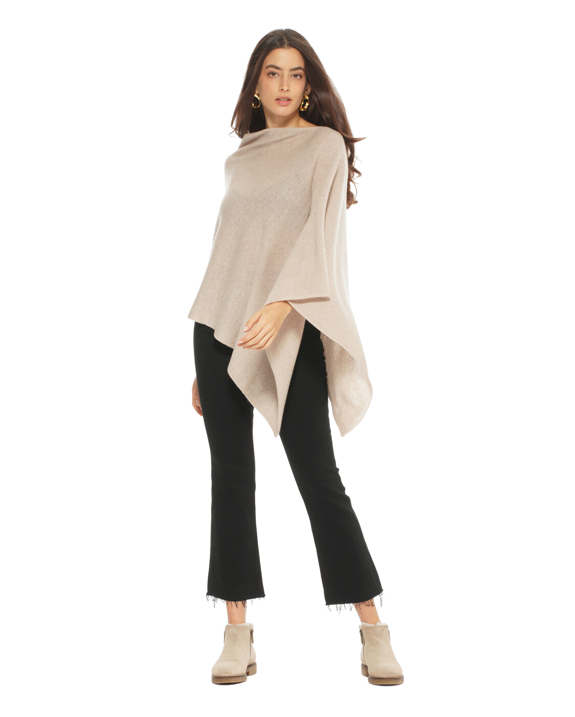 Monticelli Women's Essential Pure Cashmere Poncho Made In Italy Beige 3
