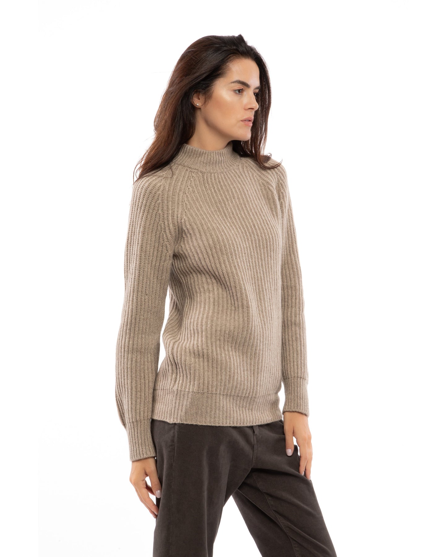Fisherman Rib Womens Cashmere Crew Neck Made In Italy Taupe 6