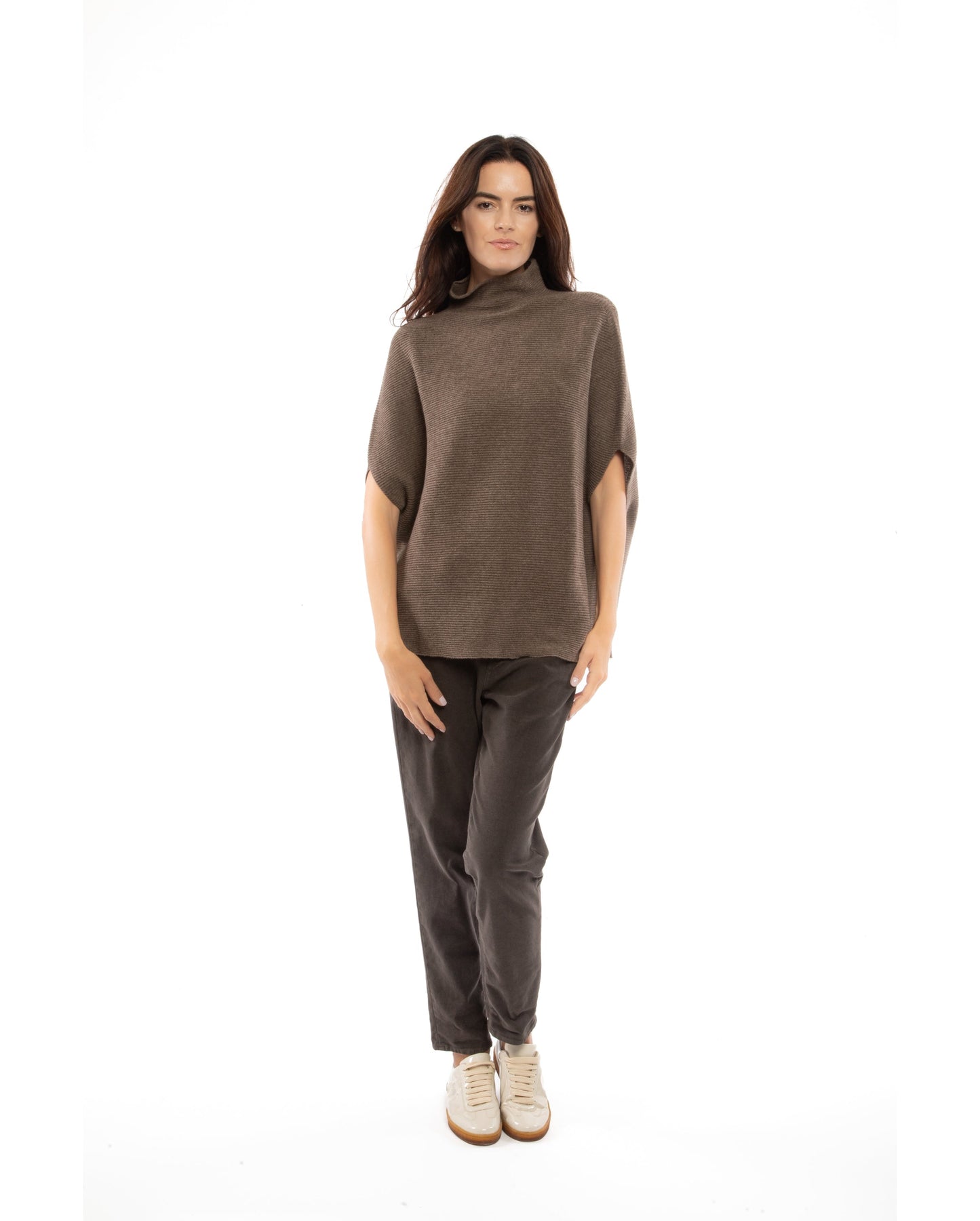 Funnel Neck Poncho Cashmere Brown 5 Made In Italy