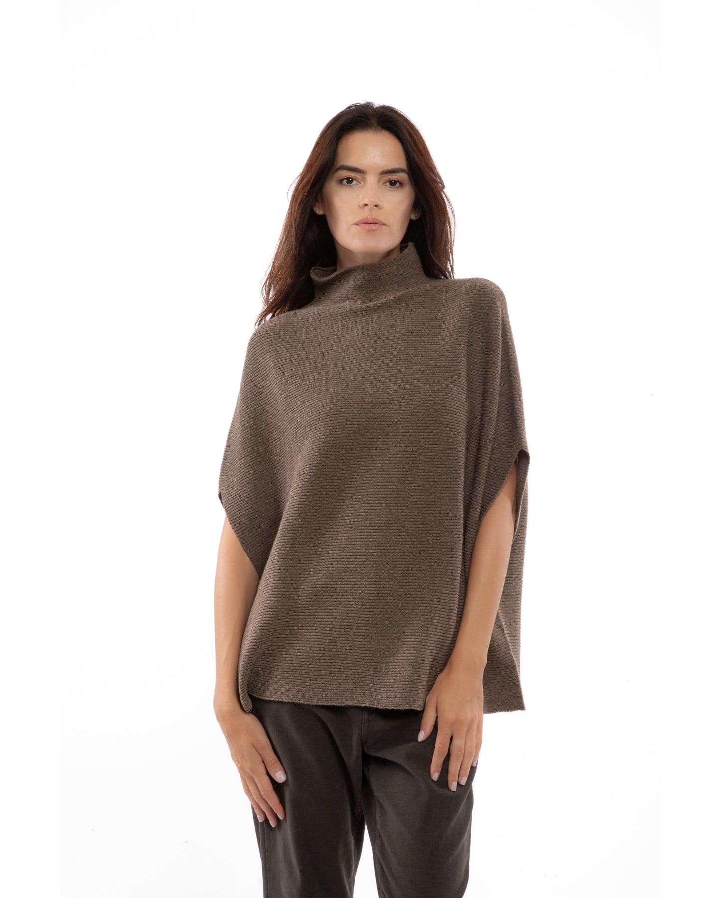 Funnel Neck Poncho Cashmere Brown 3 Made In Italy