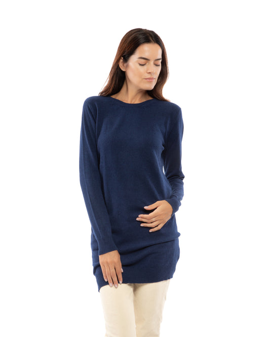 Womens Cashmere Knitted Dress Crew Neck Made In Italy Melange Blue 1